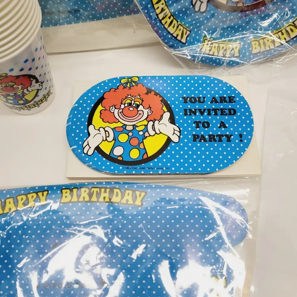 Vtg Circus Clown Carrousel Party Supplies Favors Invitations Loot Bags Games NOS